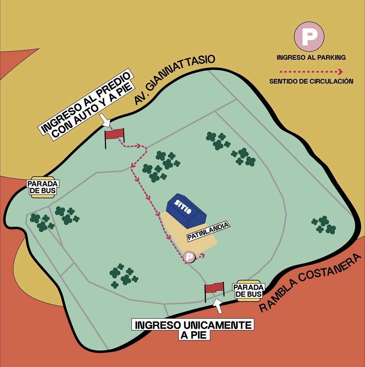 Mapa de SITIO en el Parque Roosevelt: ingreso con auto y a pie por Av. Giannattasio, ingreso solo a pie por la Rambla Costanera, parking y paradas de bus